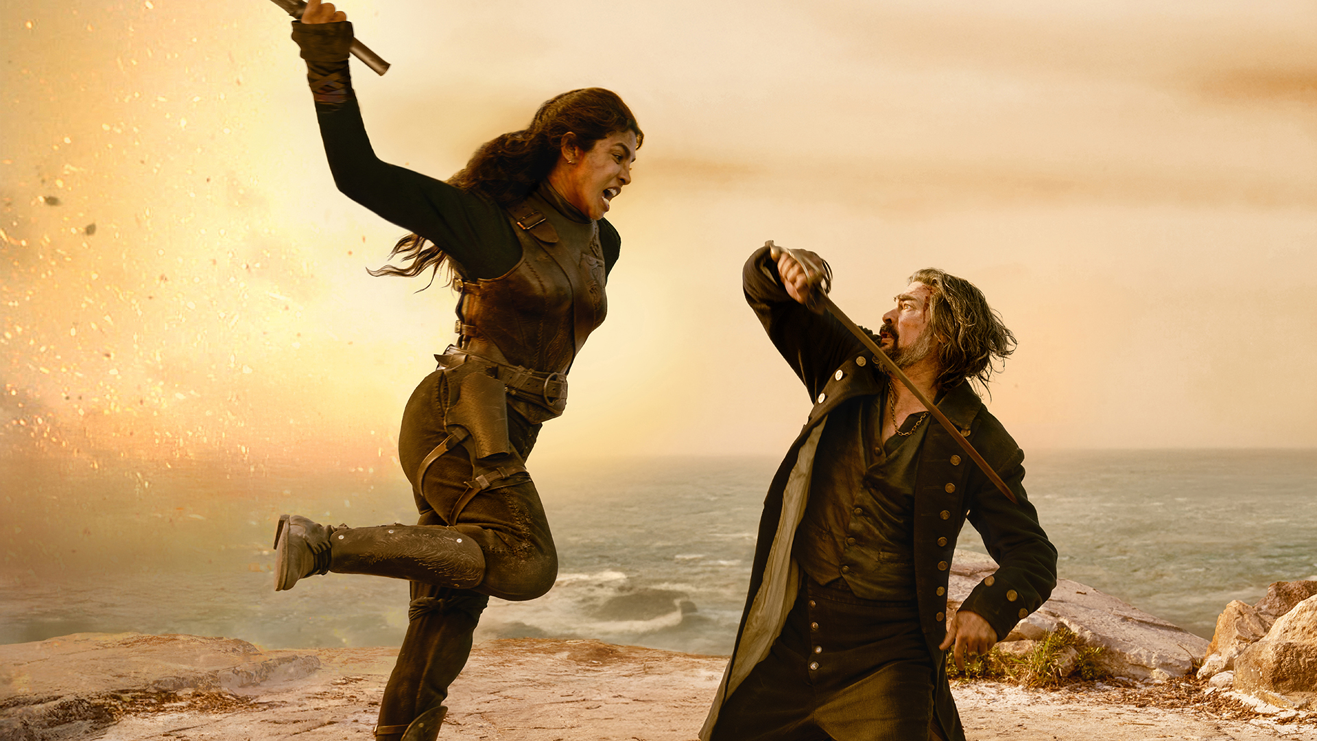 Blood Mary and Connor involved in a swordfight in The Bluff