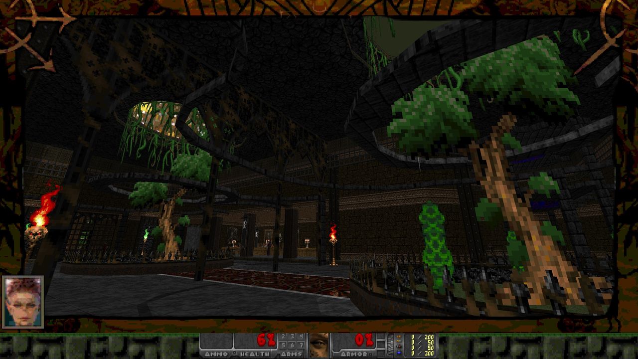 Screenshot of Githmap Doom WAD showing Baldur's Gate 3 assets made into sprites in a Doom map with various medieval accoutrements under an alien sky