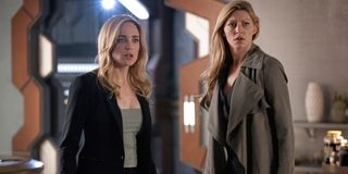 Caity Lotz as Sara Lance and Jes Macallan as Ava Sharpe in DC's Legends of Tomorrow.