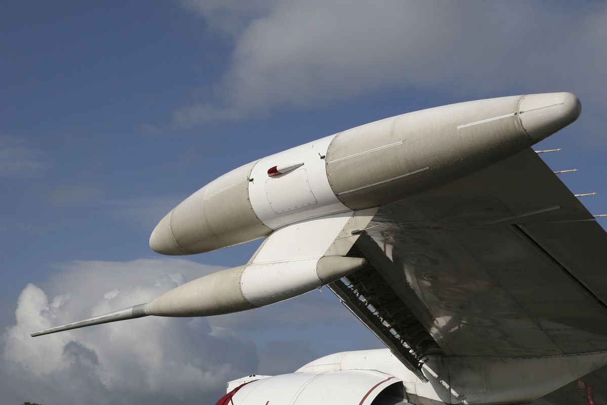 A close-up view of the wingtip ESM sensors, or electronic support measures, on a U.S. Navy E-6A Mercury aircraft. To create the E-6B, Boeing modified the E-6A, adding various specialized equipment.