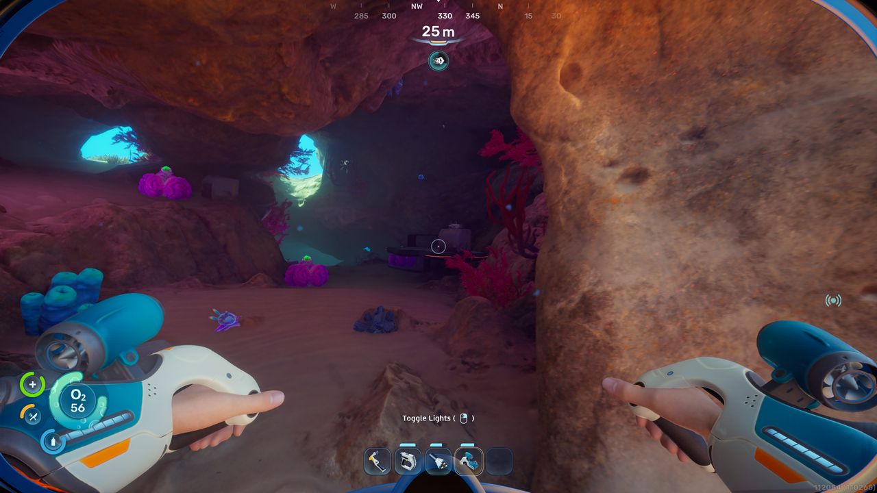 Subnautica 2 mining: A player looking at a Sonic Resonator fragment they can scan inside a cave.