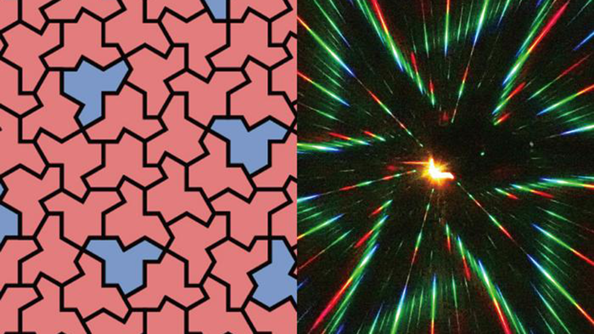 Two images side by side, the left showing a series of pink tessellations with blue interspersed and the right image showing a glow of yellow light with streaks coming out of it 