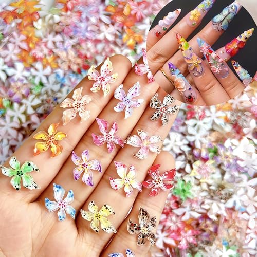 Flower Nail Art Charms Shuxilin 60pcs 3d Hawaii Flowers Nail Rhinestones Hibiscus Floral Nail Gems Colorful Flower Nail Diamonds Summer Nail Jewelry Tiny Flowers Nail Design for Women Nail Supplies