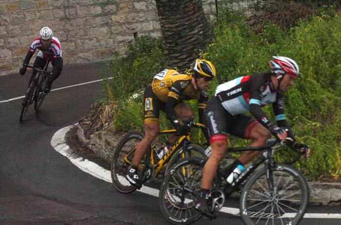 Fabian Cancellara (RadioShack) leads Gerald Ciolek (MTN - Qhubeka) on the descent of the Poggio