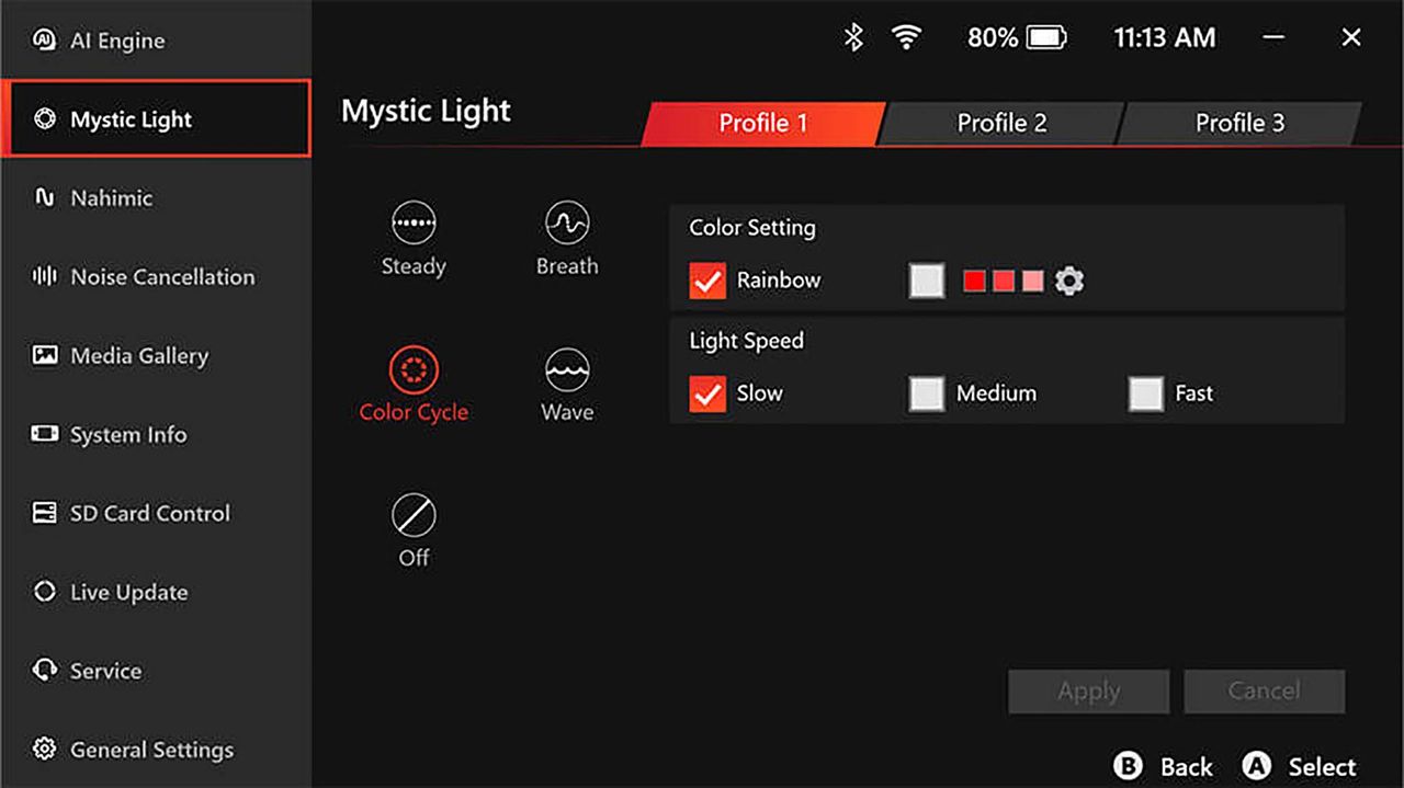 MSI Claw light settings.