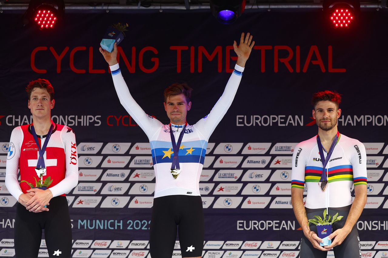 European Championships Munich 2022 - 2022 UEC Road Elite European Championships - Men's ITT - 17/08/2022 - Stefan Bissegger (SUI) - Stefan Kung (SUI) - Filippo Ganna (ITA) - photo Luca Bettini/UEC/SprintCyclingAgency&Acirc;&copy;2022