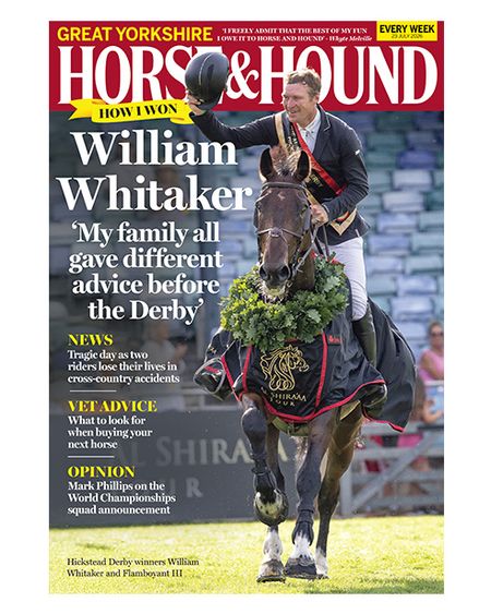 The cover of H&H magazine, 23 July 2026 issue, featuring William Whitaker raising his hat to the Hickstead crowd onboard Hickstead Derby winner Flamboyant III who is wearing a winners’ rug and wreath.