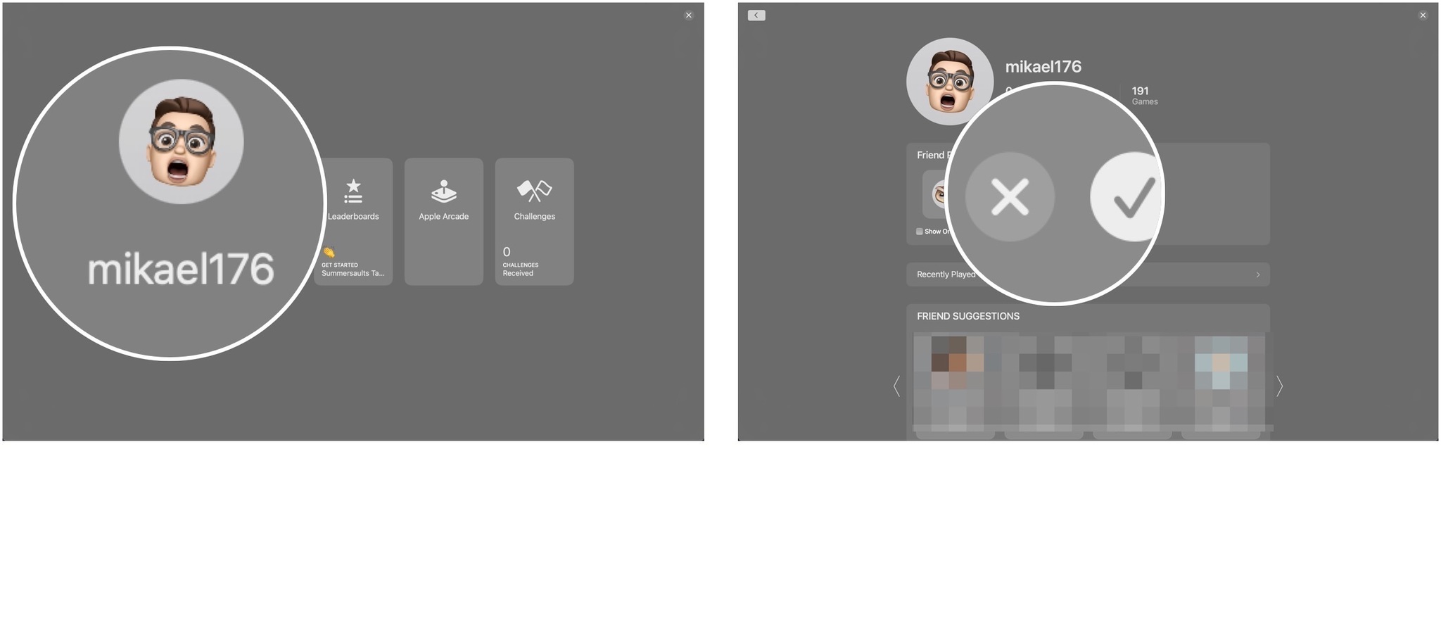To accept Game Center friend requests on Mac, open a Game Center game, then use the F1 key to open Game Center. Choose your profile, then click on the check mark next to the person who sent the request under Friend Requests. To deny the invitation, click on the X.