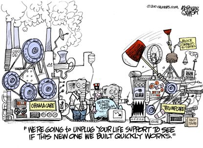 Political Cartoon U.S. GOP health care replacement Obamacare Trumpcare unplug life support