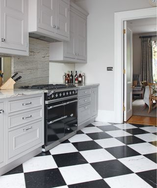 Gray cabinetry and black and white vinyl kitchen flooring costs.