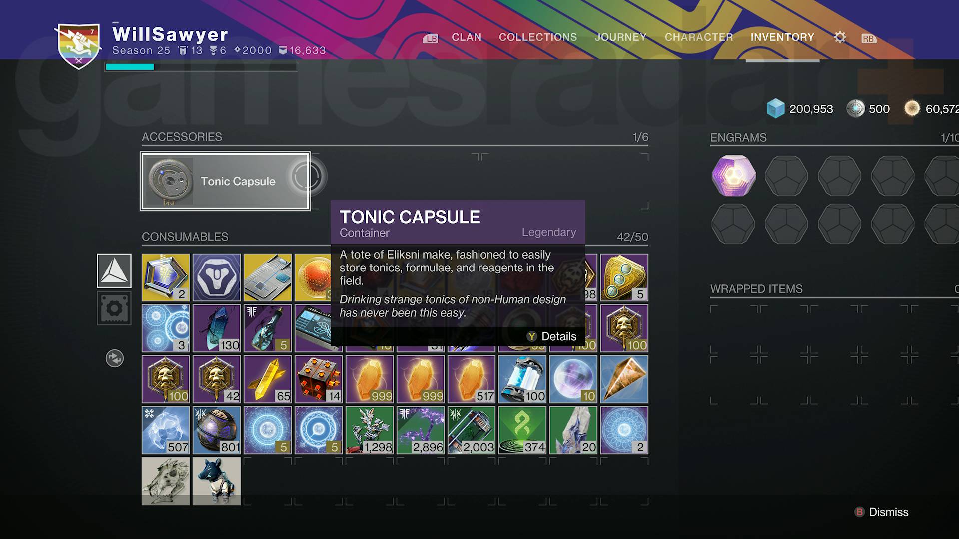 Destiny 2 Revenant Tonic Capsule w menu ekwipunku postaci