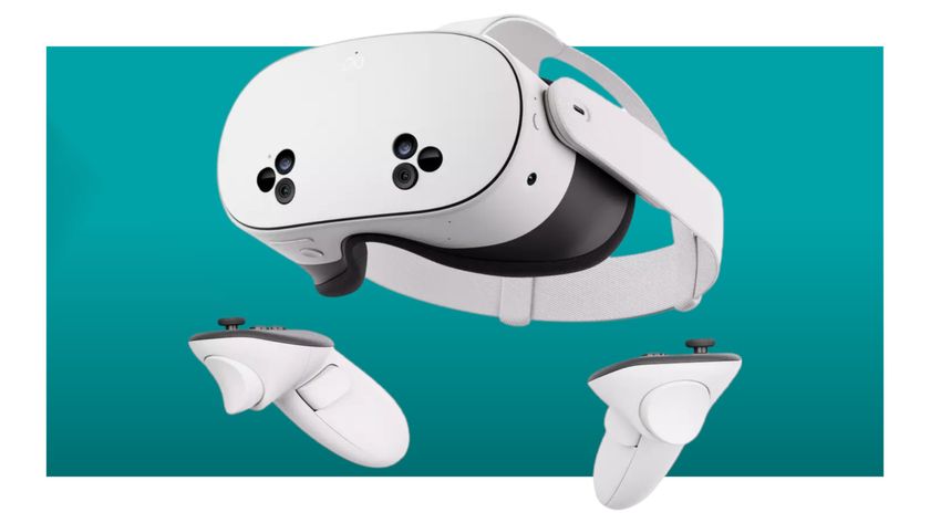 An image of a Meta Quest 3S VR headset and two hand controllers against a teal background and a white border