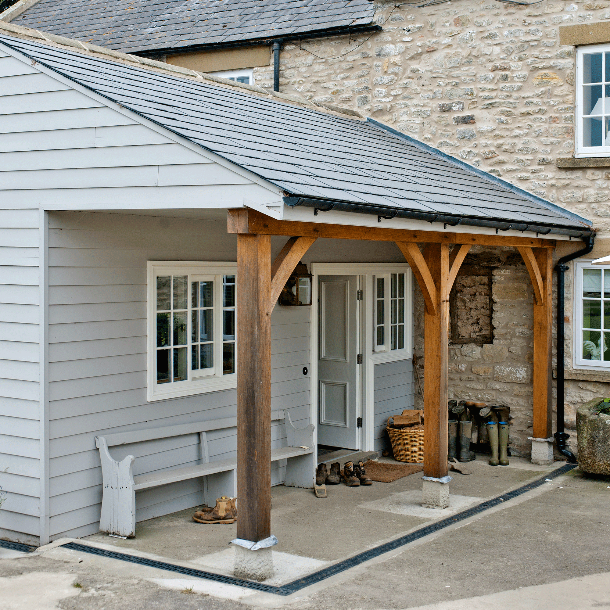 Long grey and wooden porch