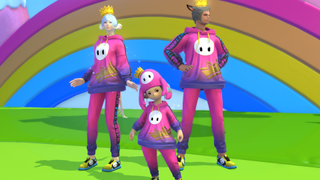 A trio of Final Fantasy 14 characters in front of a rainbow, garbed in garish Fall Guys merchandise.