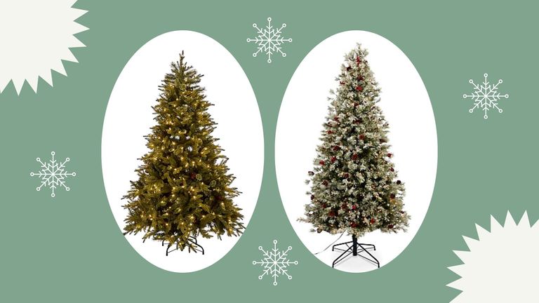 a composite image of two of the best artificial christmas trees on a green background