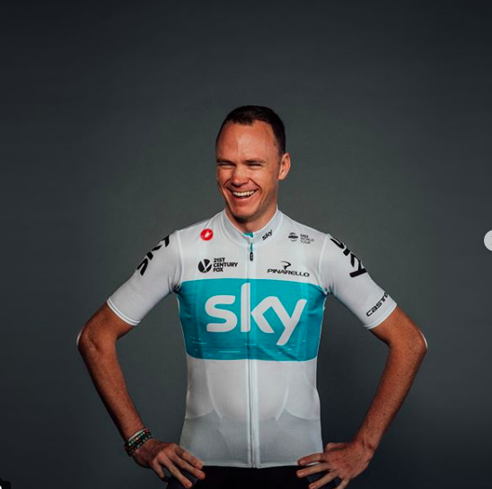 Chris Froome (Team Sky) shows off the team's new kit for 2018