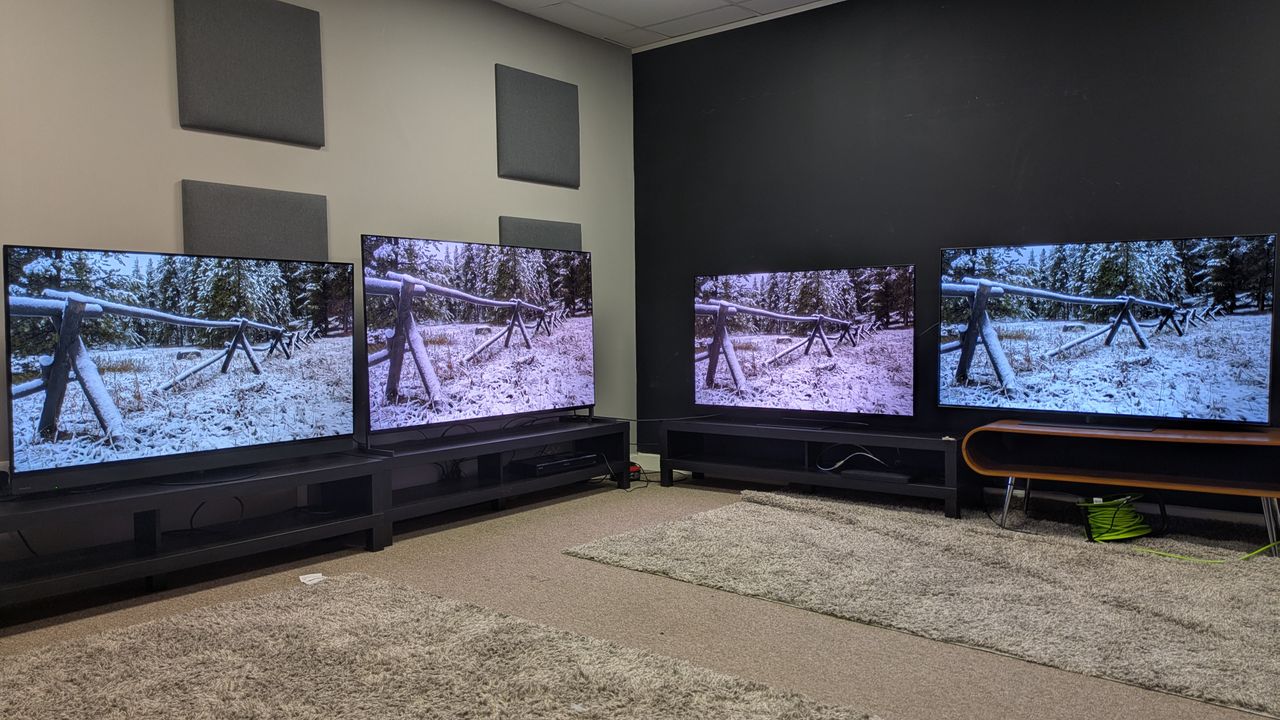 Panasonic Z95B (far left) Sony Bravia 8 II (middle left) Samsung S95F (middle right) LG G5 (far right) with snow scene on screen