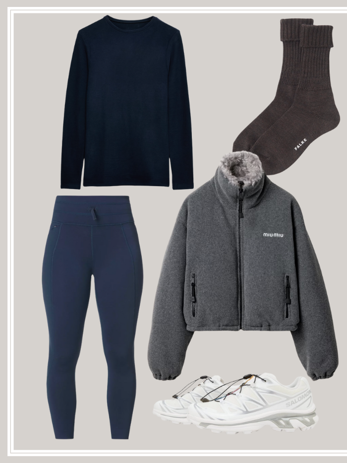 A fleece lined leggings outfit. This outfit consists of a fleece, fleece lined leggings, trainers, thermal socks and a fleece lined top.