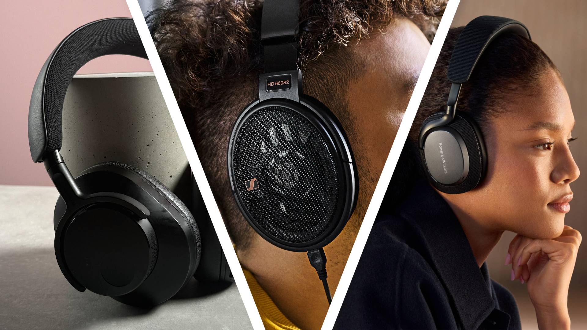 A triptych image featuring the Cambridge Audio Melomania P100, Sennheiser HD660 S2 and the Bowers &amp; Wilkins Px7 S3.