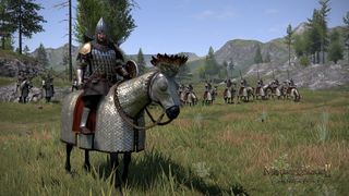 Bannerlord companions - the character is sat on an armored horse with a line of mounted soldiers in the background