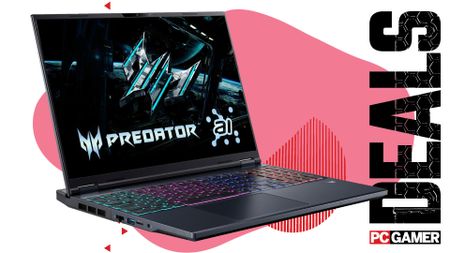 An Acer Predator Helios Neo 16 AI gaming laptop on a pink and white deals background