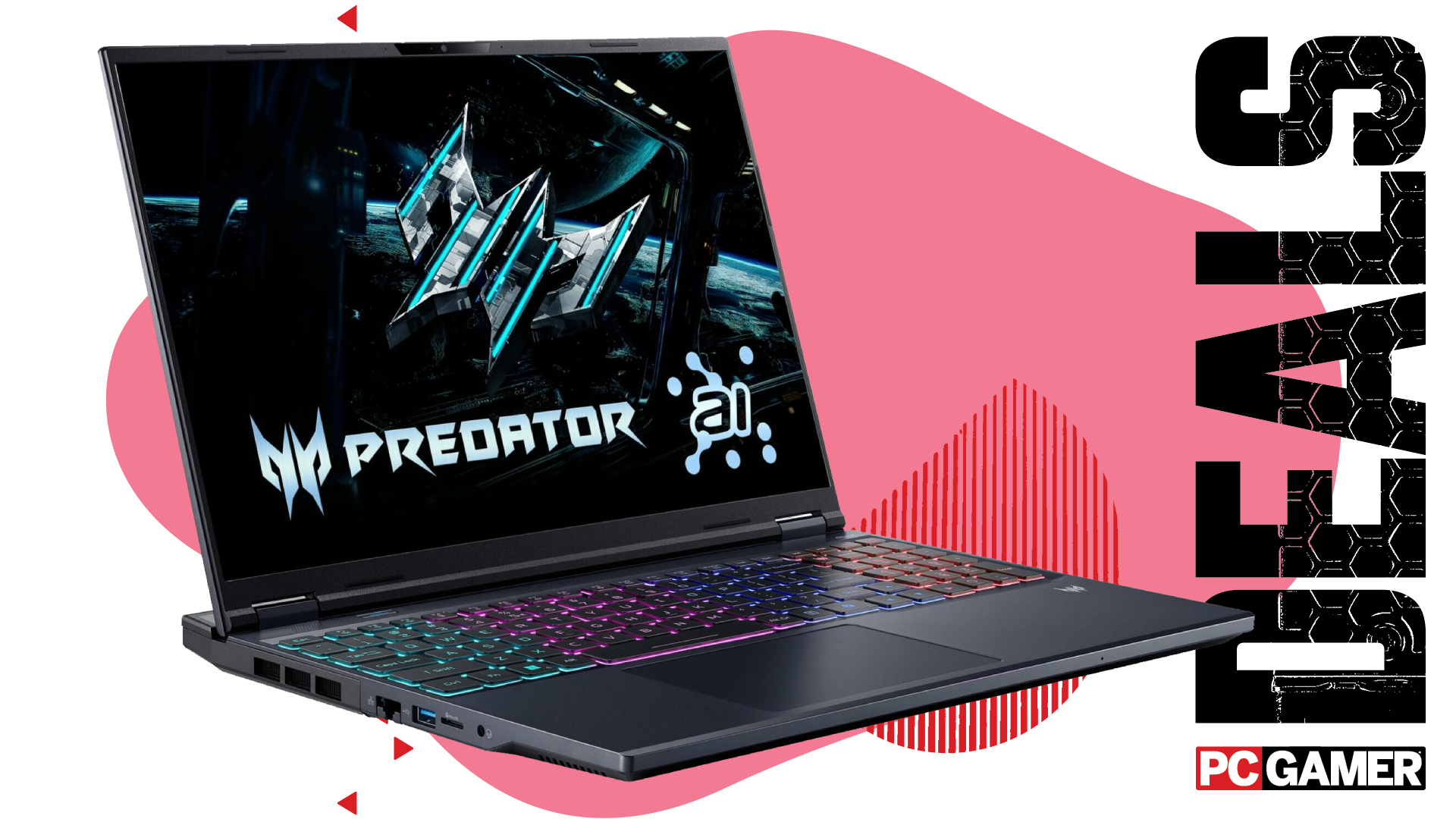 An Acer Predator Helios Neo 16 AI gaming laptop on a pink and white deals background