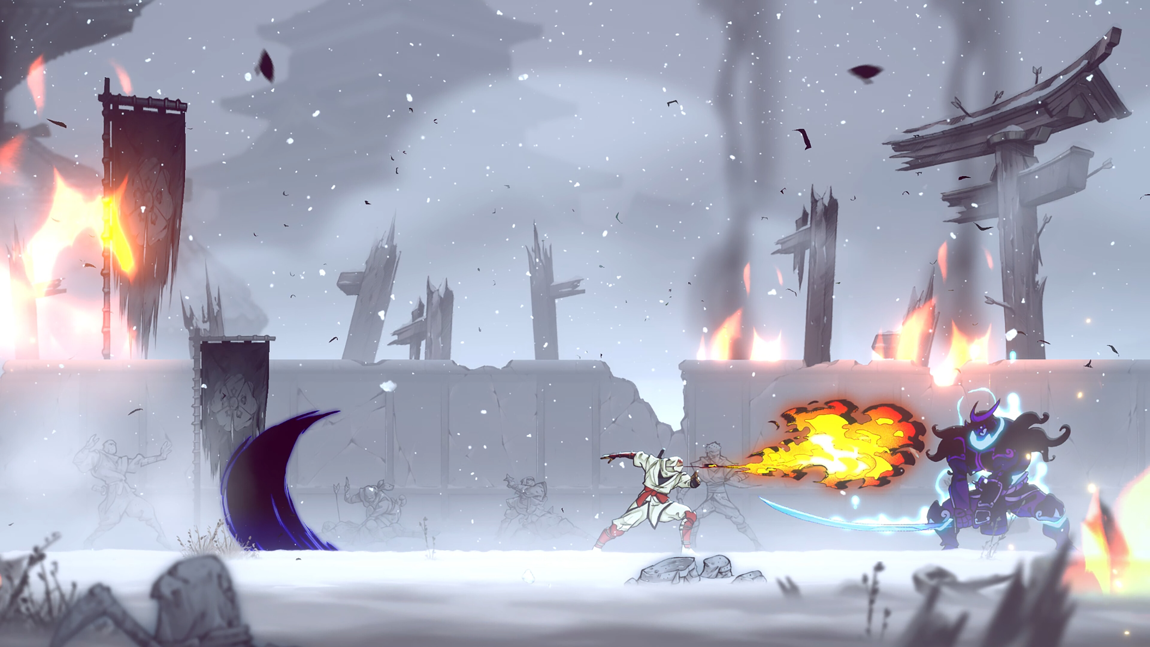 Screenshot from Shinobi Art of Vengeance, showing a white-clad warrior battling with sword and magic