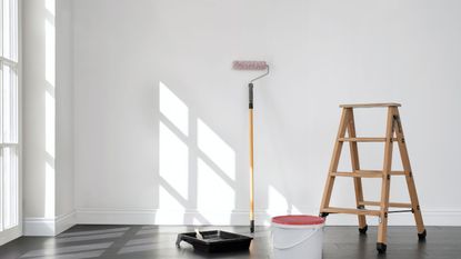 A steplader and long handled paint roller by a blank white wall