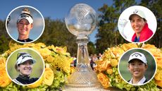 CME Group Tour Championship trophy in between pictures of Nelly Korda (top left), Carlota Ciganda (top right), Hannah Green (bottom left) and Ruoning Yin (bottom right)