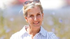 Sophie, Duchess of Edinburgh smiles, with sunglasses on her head, as she visits the Groundswell Regenerative Agriculture Festival at Lannock Farm, Weston on July 3, 2025