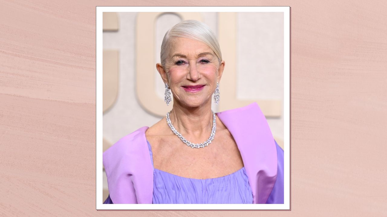 Helen Mirren at the 81st Golden Globe Awards held at the Beverly Hilton Hotel on January 7, 2024 in Beverly Hills, California/ in a pink template