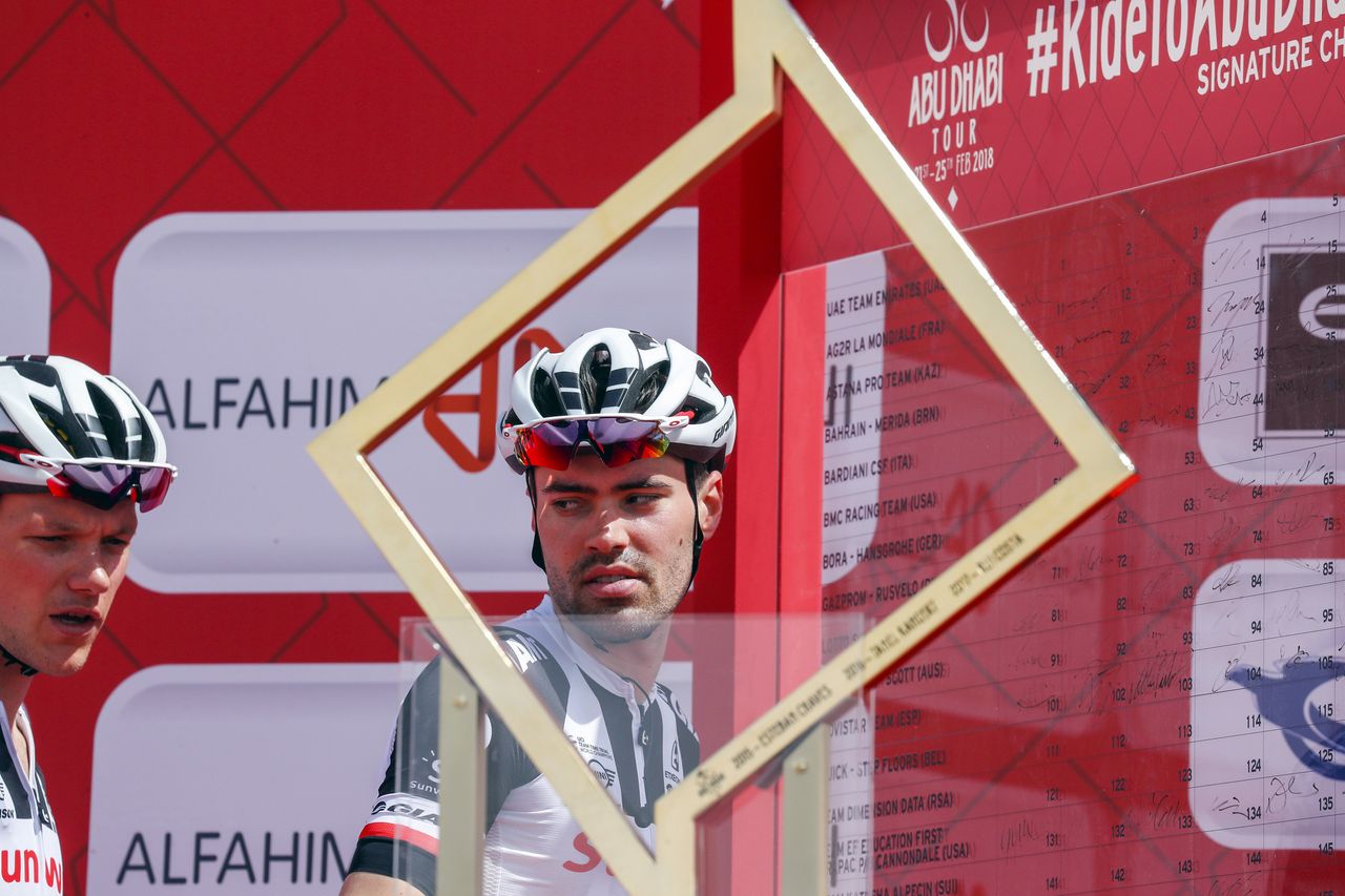 Tom Dumoulin (Team Sunweb) captured through the Abu Dhabi winner's trophy