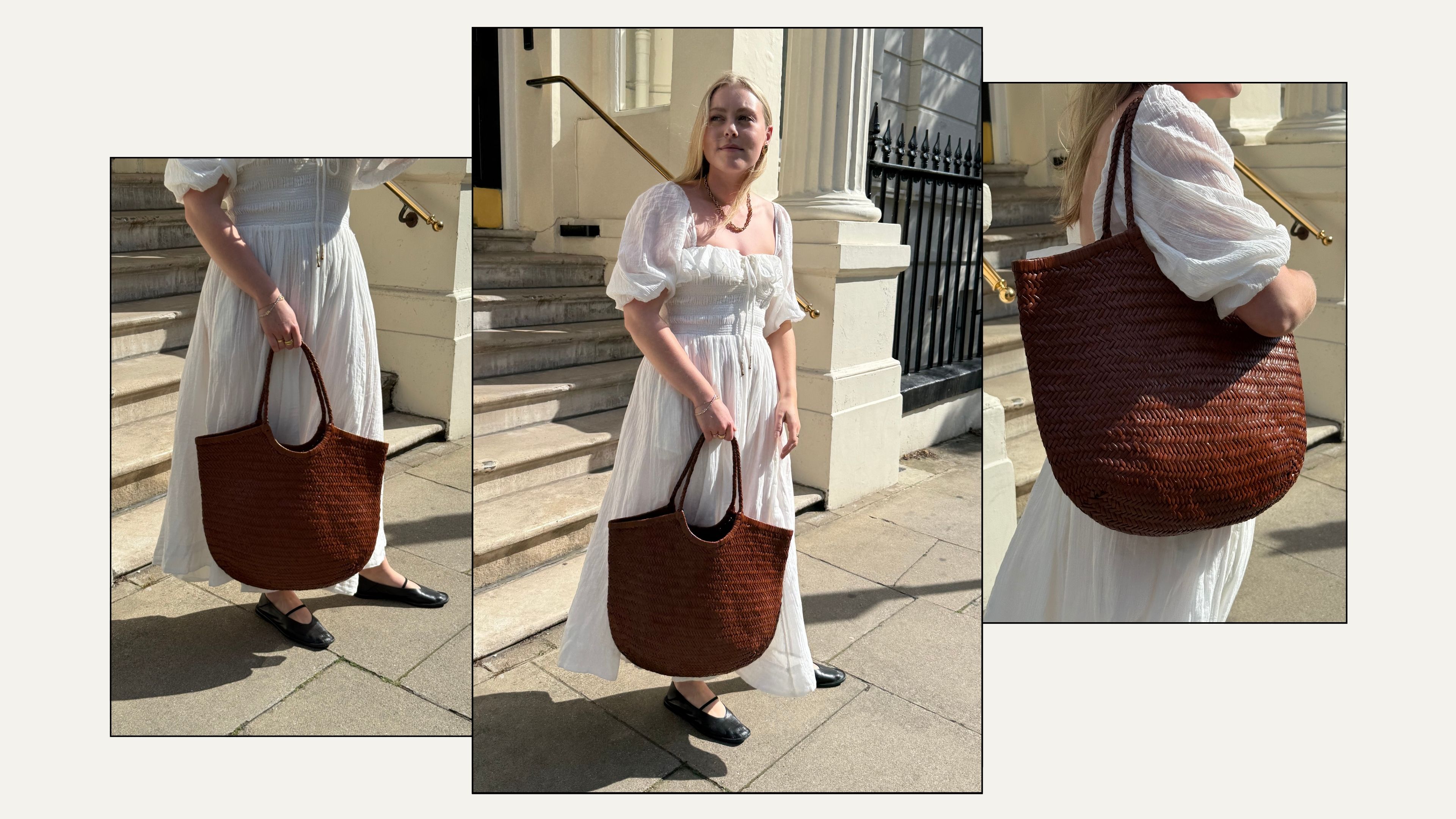 Woman wears white dress, carries tan leather woven bag and wears black ballet flats 