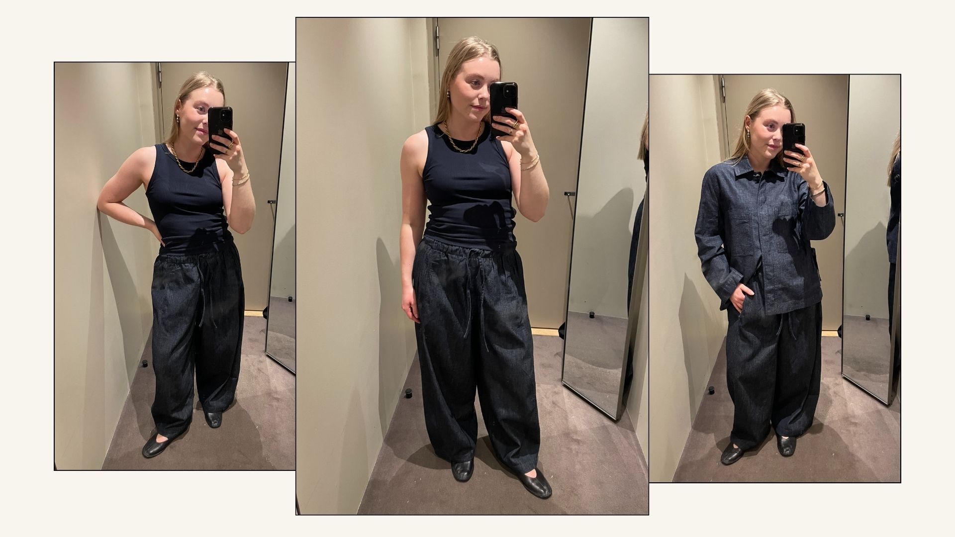 Three images of woman wearing navy tank top, wide leg denim trousers and ballet flats