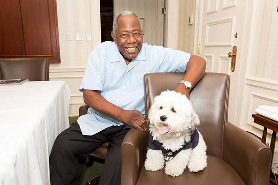 Baseball hero Hank Aaron meets the Milwaukee Brewers&amp;#039; Hank the Dog