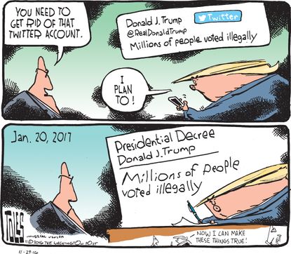 Political cartoon U.S. 2016 election Donald Trump Twitter recount
