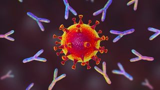 illustration of antibodies zooming towards a coronavirus particle