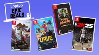 Nintendo Switch games Monster Hunter Rise Sunbreak, Dave the Diver, Tomb Raider remastered, NBA 2K25 for Nintendo Switch against a blue gradient background.