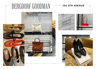 The interior of Bergdorf Goodman's UES store with the brand's name printed in serif text and the address in sans serif "754 5th Avenue."