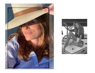 Cindy Crawford posiert auf einem Boot und trägt einen Fedora-Hut.