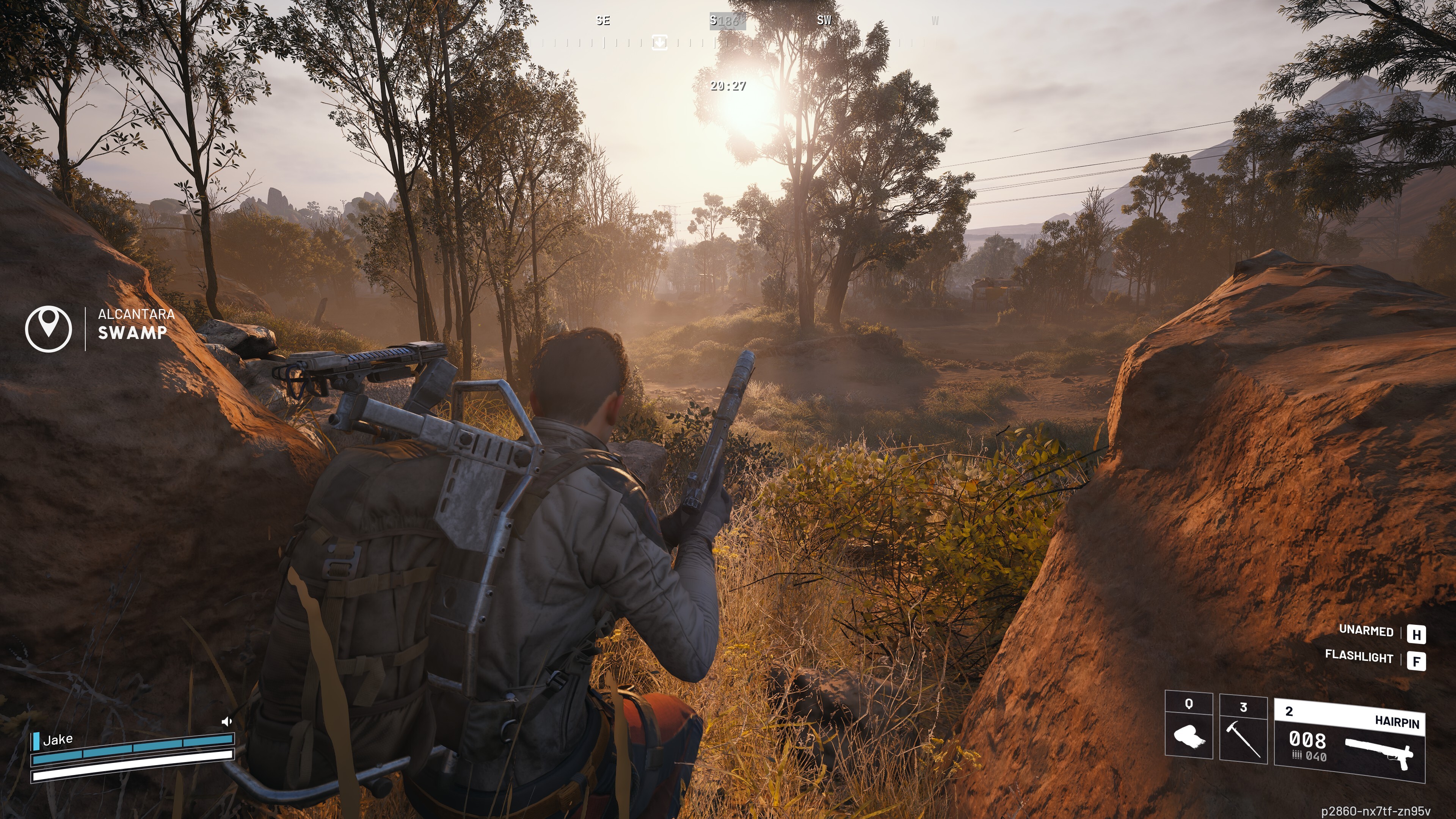 An Arc Raiders crouched with a gun between two rocks