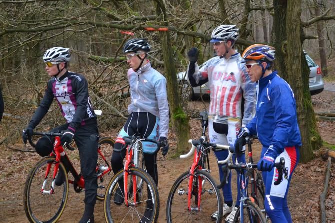 Geoff Proctor (on the right) talks through the sand pit climb with Peter Goguen, Ian McShane, and Drew Dillman (L to R)