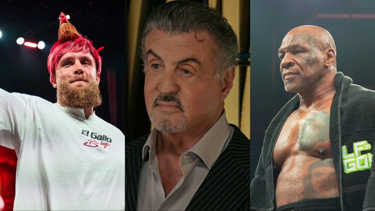 Jake Paul and Sylvester Stallone and Mike Tyson split image