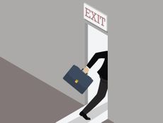 Illustration of a business exit strategy showing a businessman running to the exit door