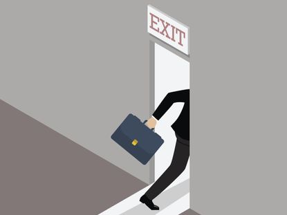 Illustration of a business exit strategy showing a businessman running to the exit door