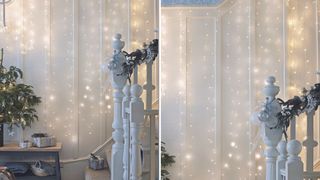 White hallway with wall of fairy lights next to the stoars to show how to style a hallway for Christmas