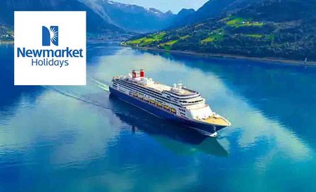 Newmarket Holidays logo placed over a birds eye view on a cruise ship on tropical waters