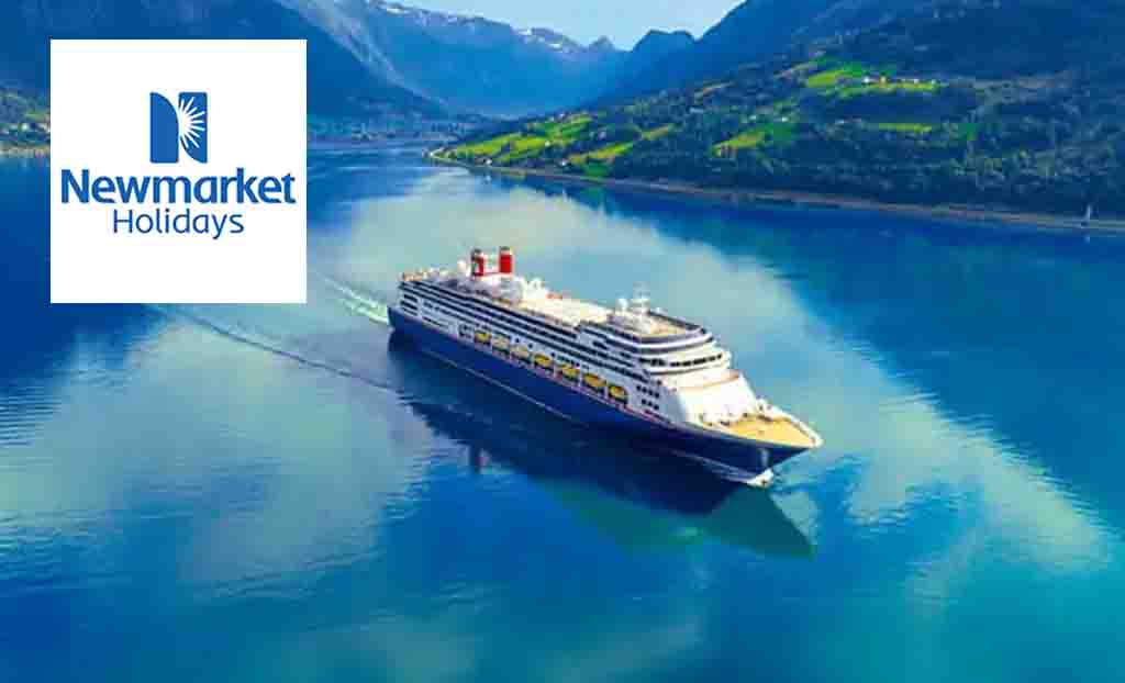 Newmarket Holidays logo placed over a birds eye view on a cruise ship on tropical waters