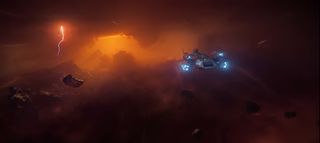 Star Citizen Squadron 42 - A ship flies into an orange nebula
