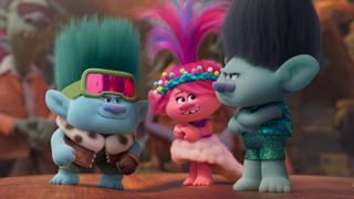 Trolls Band Together still featuring Branch, Poppy, and new character John Dory